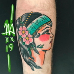 Custom Gypsy girl head from about a year ago modeled after the clients wife. Sinner #solidink #meekBtattoos #sandiego #california #trad #traditional #traditionaltattoo #color #BoldTattoos #life ##hivecaps #fkirons #neotraditional #ladyhead #lady #neotraditionaltattoo #rose #tinyrose # color #colortattoo #fkirons #wife #love #coupletattoo #girlhead #profile #gypsy #traditionalpinup #traditionalgal #floral #floraltattoo