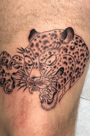 The start of traditional leopard tattoo, still have to color it
