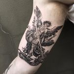 Tattoo by The Hanged #TheHanged #tattoodo #tattoodoapp #tattoodoappartists #besttattoos #awesometattoos #tattoosforgirls #tattoosformen #cooltattoos #blackandgrey #stmichael #angel #demon