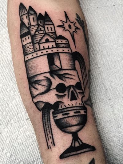 Tattoo by Nate Kemr #NateKemr #tattoodo #tattoodoapp #tattoodoappartists #besttattoos #awesometattoos #tattoosforgirls #tattoosformen #cooltattoos #blackwork #darkart #traditional #skull #castle #goblet