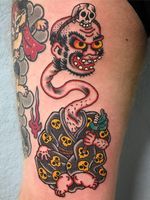 Tattoo by Kiku #Kiku #tattoodo #tattoodoapp #tattoodoappartists #besttattoos #awesometattoos #tattoosforgirls #tattoosformen #cooltattoos #japanese #yokai #demon #skull #death