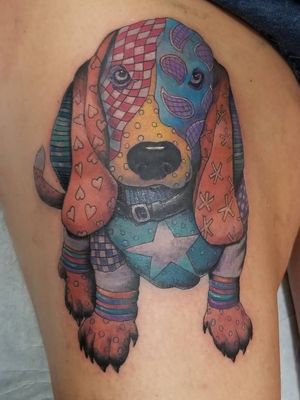 Tattoo of a dog from a piece of tapestry the client owned. #dog #dogportrait #dogtattoo #tapestry #desing 
