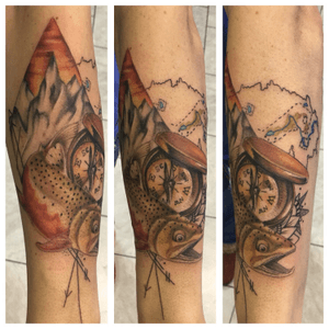 Tattoo completed by sydney #tattoo #tattoos #tattooist #fish #compass #mountains #map 