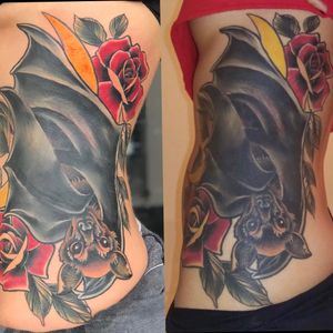 #coverup of a #dragon #sidetattoo #battattoo #woman #tattoo #girlswithtattoos #hotgirl #traditionaltattoo #rosetattoo #moontattoo #lasvegasartist 