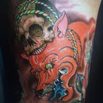 Tattoo by Orrin Hurley #OrrinHurley #tattoodo #tattoodoapp #tattoodoappartists #besttattoos #awesometattoos #tattoosforgirls #tattoosformen #cooltattoos #color #neojapanese #fox #skull