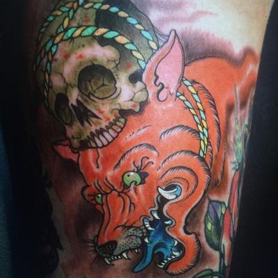 Tattoo by Orrin Hurley #OrrinHurley #tattoodo #tattoodoapp #tattoodoappartists #besttattoos #awesometattoos #tattoosforgirls #tattoosformen #cooltattoos #color #neojapanese #fox #skull