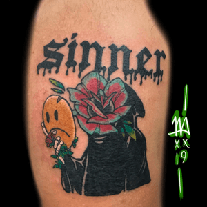 Sinner  #solidink #meekBtattoos #sandiego #california #trad #traditional #traditionaltattoo #color #BoldTattoos #life ##hivecaps #fkirons #neotraditional #neotraditionaltattoo #rose #tinyrose # color #colortattoo #fkirons #death #reaper #floral #floraltattoo 