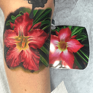 Hibiscus flower based iff a photograph. Done on the side if a calf. #flower #color #realism