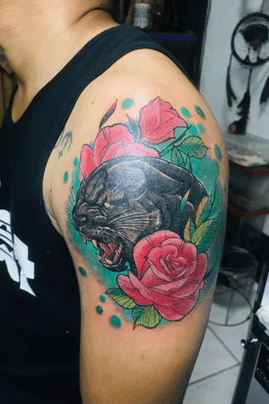 Neo Traditional Black Panther with Rose Inspired Tattoo