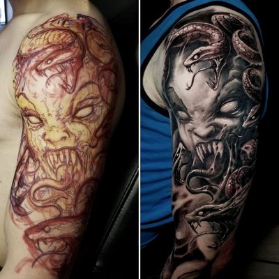 Fresh/healed. Appointments available Email to book: autopsy.tattoo.studio@gmail.com . . . Done with the following @cheyenne_tattooequipment products: Machine: #solnova Power supply: #PU2 Needles config: 9 power, 13 & 23 soft edge magnum . . Ink: #instablackink by @silverbackink . . @blackmarkettattoocare . . #toxycxlr #austin #texas #freehand #freehandtattoo #texastattoos #austintattoo #austintattoos #CheyenneTattooEquipment #CheyenneSafetyCartidges #CheyenneFamilly #CheyenneArtist #MadeForArtists #silverbackink #demon #demons #demontattoo #eviltattoo #darkart #darktattoos #medusa #medusatattoo 