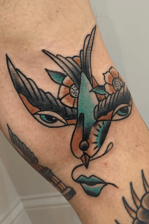 Traditional Sparrow Girl Head and Flower Tattoo