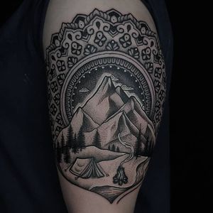 Mountain scene on an arm - #ornamental #dotworktattoos #mandalas #BlackworkTattoos #dotworktattoo 