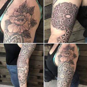 Full sleeve progress shot. Mandala, dotwork and peony tattoo. More to come to finish this piece