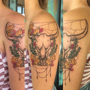 Bull/ cow skull black and grey with color foliage and dotwork webs 