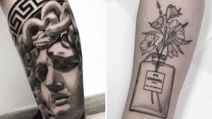 Tattoo on the left by 808gangtattoo and tattoo on the right by Heidi Kaye #HeidiKaye #808gangtattoo #fashiontattoos #fashion #trend #style #aesthetic #fashiondesigner #fashionmodel