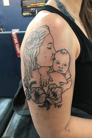 Linework portrait for a client of her son and her!  #solidink #meekBtattoos #sandiego #california #trad #traditional #traditionaltattoo #color #BoldTattoos #life ##hivecaps #fkirons #neotraditional #neotraditionaltattoo #lineworktattoo #linework 