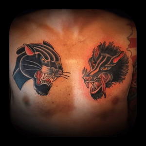 Panther and wolf. #panther  #wolf #chesttattoo 