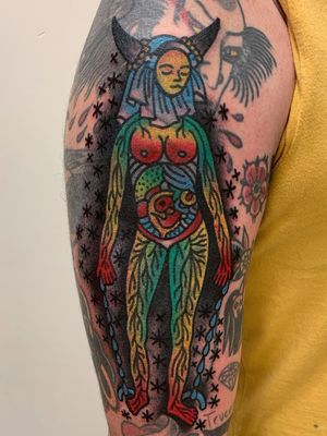 Tattoo by Toothtaker #Toothtaker #uniquetattoos #unique #different #special #besttattoos #color #illustrative #traditional #portrait #goddess #strange #surreal