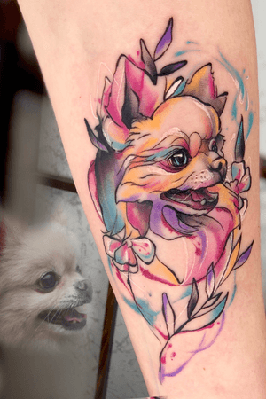 Love this puppy! My friend said she like watercolor style and sent me her favorite photo. She would like to tattoo it because she will study in France for 4 years.This dog is 12 years old now so my friend hopes she can see it again when she back in the future.