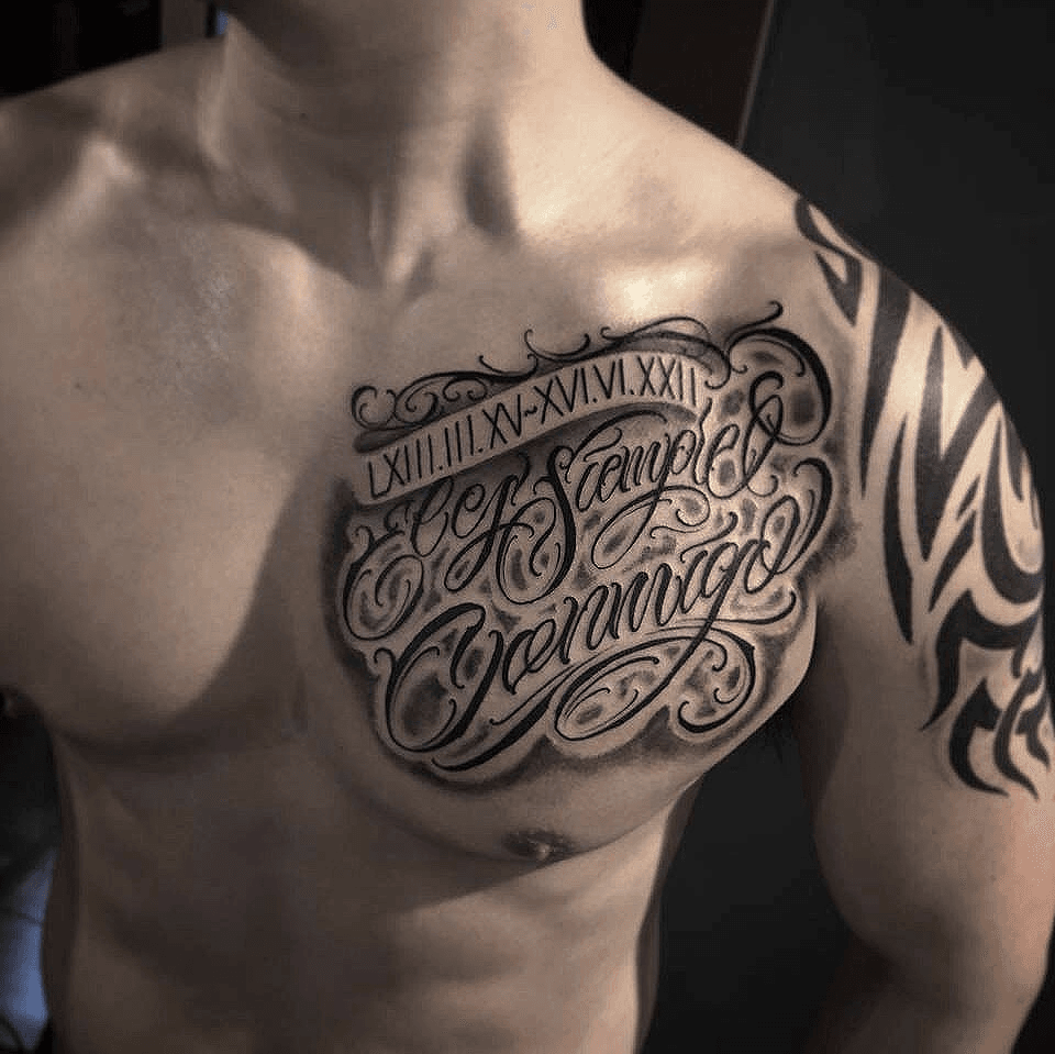 Reggae Ink Tattoo studio  custom chicano lettering chest tattoo  done by  Mamood Zahwa customlettering finelinetattoo chicanoletteringtattoo  chicanolettering letteringtattoo nopainnogain nopainnogaintattoo  chestattoo toughtattoo mentattoo 