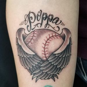 Baseball with wings memorial Traditional Tattoo by Reno Tattoo Artist Thom Crowder at Authentic Tattoo Co in Reno, Nevada