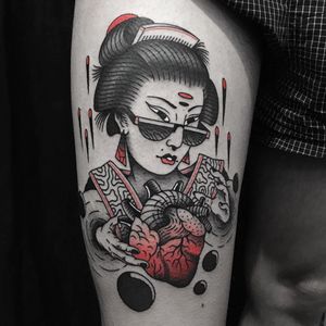Tattoo by Jaffa Wane #JaffaWane #uniquetattoos #unique #different #special #besttattoos #illustrative #geisha #Japanese #traditional #mashup #heart