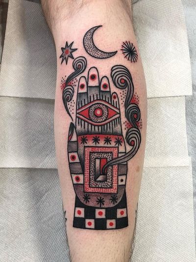 Tattoo by Degusted #Degusted #uniquetattoos #unique #different #special #besttattoos #illustrative #dotwork #linework #hand #thirdeye #surreal #surrealism #moon #stars #smoke