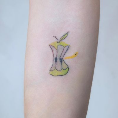 Tattoo by Gleb Pesoc #GlebPesoc #uniquetattoos #unique #different #special #besttattoos #apple #fruit #worm #handpoke #cute