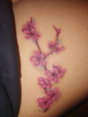 Cherry Blossom branch on upper right thigh. I got this in memory of my mom who passed away on Jan 20, 2019 from Stage 4 colon cancer. She had a cherry blossomed themed tattoo on her forearm. Rest easy mama 💕