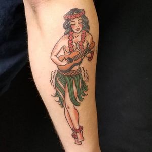 Sailor Jerry Hula Girl Traditional Tattoo by Reno Tattoo Artist Thom Crowder at Authentic Tattoo Co in Reno, Nevada