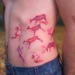 Tattoo by Aleksandr Tagunov #AleksandrTagunov #uniquetattoos #unique #different #special #besttattoos #color #illustrative #hunters #cavedrawing #cavepainting #antlers #deer #animal #nature