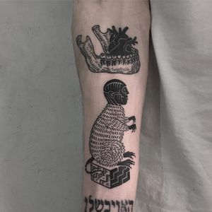 Tattoo by Dima Melancholic #DimaMelancholic #uniquetattoos #unique #different #special #besttattoos #blackwork #linework #illustrative #surreal #strange #jawbone #heart #rat #rubikscube