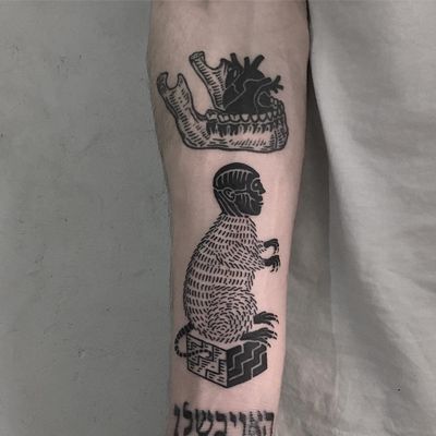 Tattoo by Dima Melancholic #DimaMelancholic #uniquetattoos #unique #different #special #besttattoos #blackwork #linework #illustrative #surreal #strange #jawbone #heart #rat #rubikscube