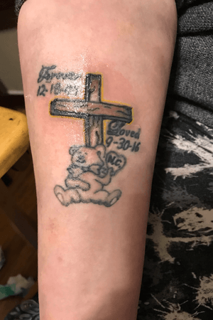 Tribute piece i did with a beautiful cross and teddy bear
