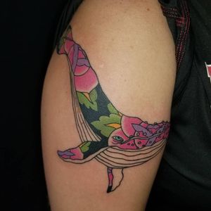 Whale with Roses Traditional Tattoo by Reno Tattoo Artist Thom Crowder at Authentic Tattoo Co in Reno, Nevada