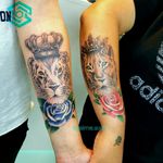 [TATTOO] Tatuaje Par. "Pareja de leones" Estilo Mixto. Black&grey/color Diseño personalizado FB/INST: @jaime.sxe #SkylineStudio #CoupleTattoo #CreateYourself