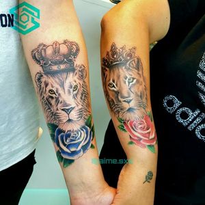 [TATTOO]Tatuaje Par."Pareja de leones"Estilo Mixto.Black&grey/colorDiseño personalizadoFB/INST: @jaime.sxe#SkylineStudio #CoupleTattoo #CreateYourself
