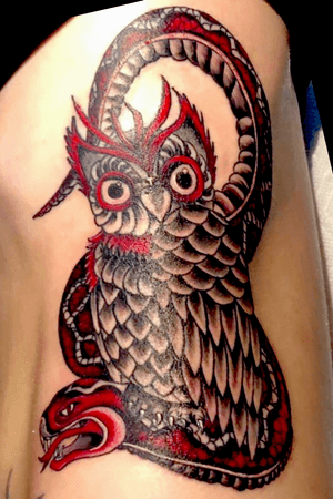 Owl and snake. Snake representing transfermation and rebirth and the owl represting wisdom from growth and experience #owltattoo #snaketattoo #snake #owl #red #Black #growth #transformation #rebirth #wisdom #owlandsnake #girlswithtattoos #ribs #ribcage #ribtattoo #ribpiece 