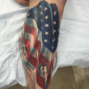 In progress american flag tattoo on a calf. #american #flag #color #realism