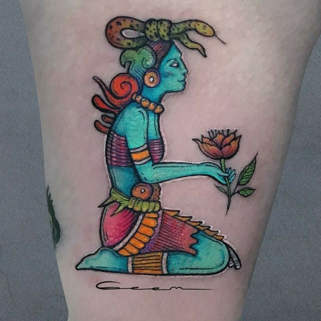 Ixchel  with Jade  Mayan tattoos Aztec tattoo Goddess tattoo