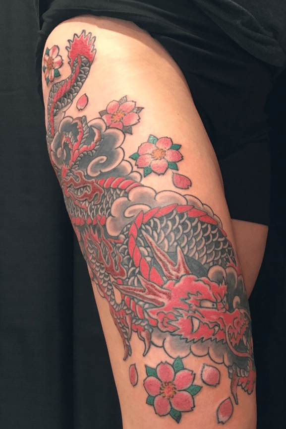 claire Macclure on Instagram Dragon from my flash with some modifications   cherry blossoms instead of wild flowers Always love doing tattoos in  this style Thank you