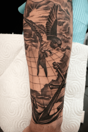 #bird #map #world #armtattoo #tattooartist #blackandgrey #realistic #realism #anchor #tattooart #ink #inked #overseas