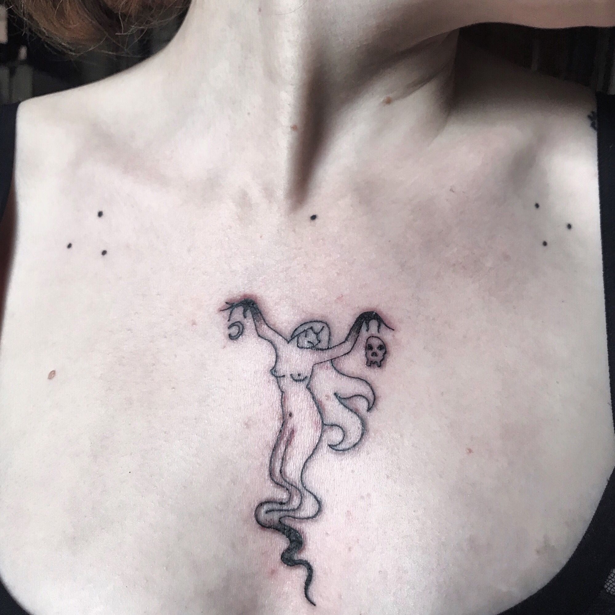 Tattoo uploaded by Sanyu Tattoo • One of my favorite things to tattoo are  my original lil nymphs.🖤 #nymph #sanyutattoo #Black #blackwork  #blackworktattoo #fineline #minimalist #skull #moon • Tattoodo