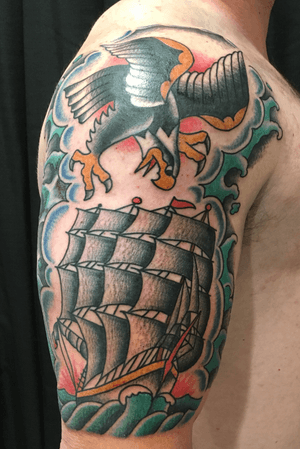 Clipper Ship and Descending eagle cover job by Carl Hallowell... #halfsleeve #traditional #eagle #eagletattoo #clippership #ship #TraditionalArtists #traditionalamericanstyle #traditionaltattoo #CarlHallowell #whipshading #onesession 