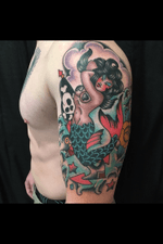 Mermaid by Carl Hallowell for Mr C... #traditionalamerican #traditional #traditionaltattoo #mermaid #anchor #jollyroger #halfsleeve #color #onesession #CarlHallowell 