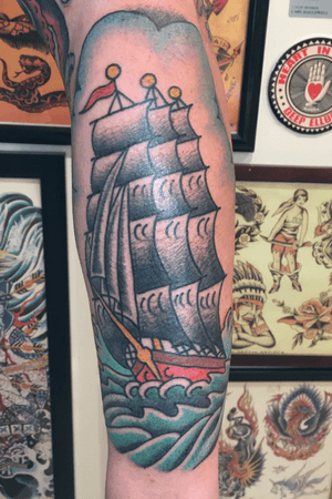 Clipper ship on the forearm for mr M by Carl Hallowell... #whipshading #blackshading #forearm #clippership #ship #boat #traditionalamerican #traditional #traditionaltattoo #CarlHallowell 