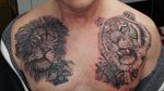 Lion and tiger chest piece #lionking #liontattoo #lion #lionshead #chestpiece #chesttattoo #tiger #tigertattoo #tigerhead #largecattattoo