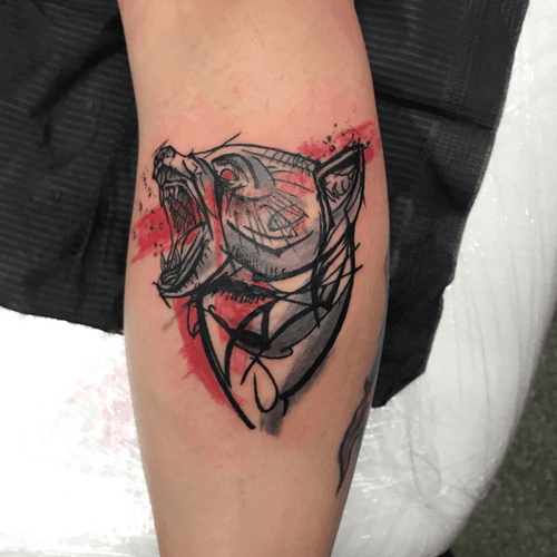 Abstract Bear tattoo #bear #tattooart #abstract #abstracttattoo #witchinghour #amsterdam #Dermadonna #thebeautyofimperfection #Tattoodo #bobbygrey #TheNetherlands 