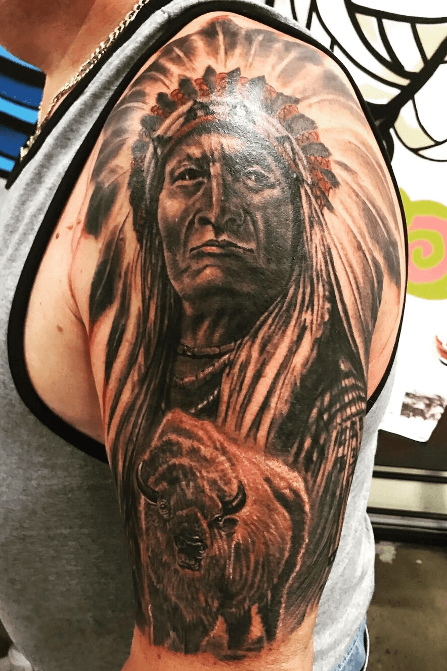 Tattoo uploaded by Primal Ink Tattoos  ink inked SittingBull  nativeamerican blackandgrey feathers feather buffalo history realism  melbourne melbournetattoo primalinktattoo  Tattoodo