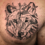 Geometrical/realism wolf on chest. About a year ago. 